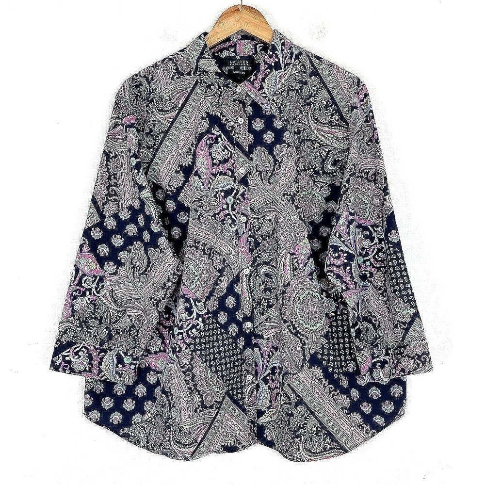 Lauren Ralph Laure Shirt Womens Plus Sz 3XL Button Up Non-Iron Paisley Mix Print